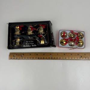 2 Vtg Pkgs Christmas Gold Brass Tone Bells Jingle w Red Ribbon w Orig Box READ