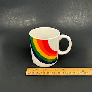 Vtg Ceramic Rainbow Mug Coffee Tea FTDA White Cream w Handle LGBTQ Gay Pride