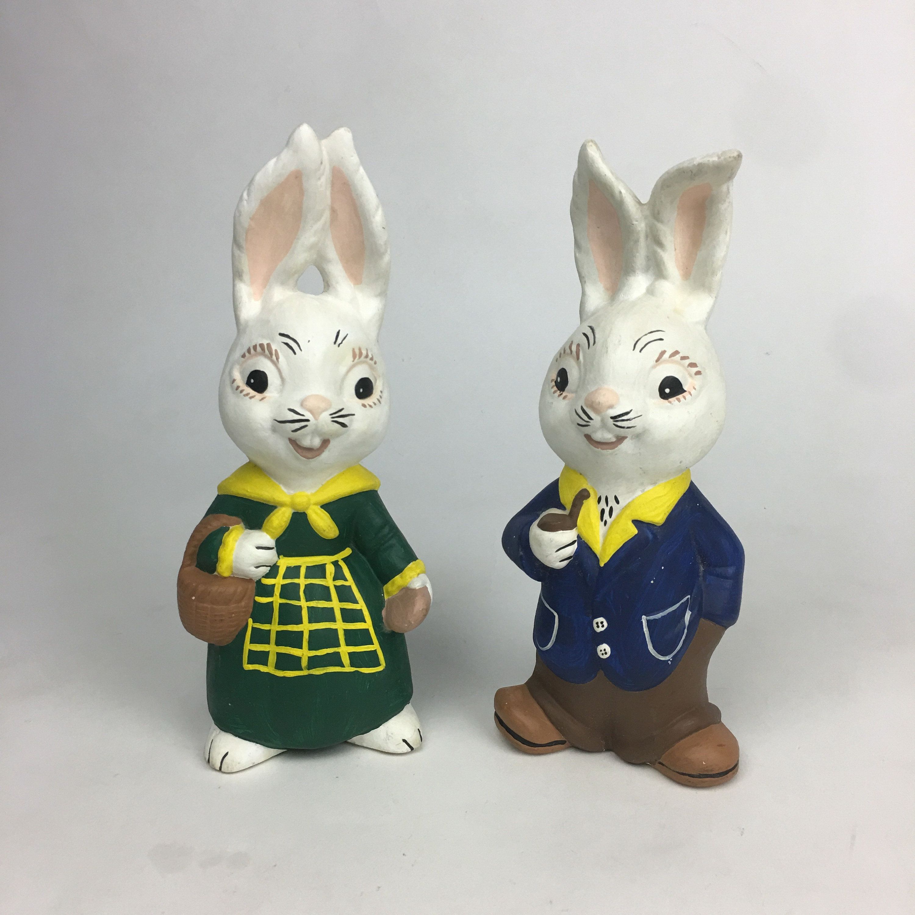 Set of 2 Ceramic Hand Painted Bunny Rabbit Male Smoking Pipe Girl Bread ...