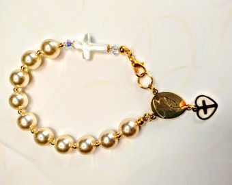 Cream Pearl Mother of Pearl Cross Heart Charm Rosary Bracelet Swarovski