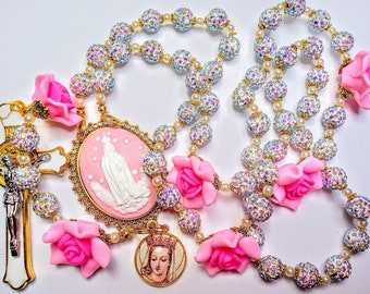 Vatican Style Sparkling AB Rhinestone Crystal Pink Rose Fatima St. Benedict Charm Rosary