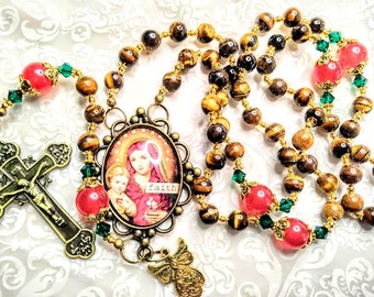 Merry Christmas Antiqued Tiger Eye Candy Cane Red Jade Mary Cameo Angel Rosary