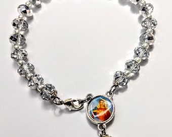 Diamond White Crystal Pearl Bead Mary Centerpiece Decade Rosary Bracelet