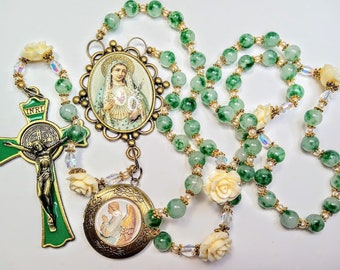 Beautiful Emerald Green Marble Jade Cream Roses Sacred Heart Mary Cameo Rosary