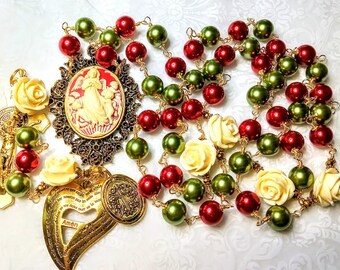 Beautiful Merry Christmas Angel Candy Cane Red Evergreen Pearl Benedict Rosary