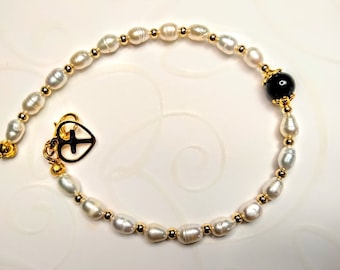 Cream Freshwater Pearl Black Jade Heart Charm Chistian Rosary Bracelet