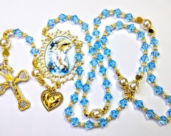 Sparkling Baby Blue Crystal Cream Pearl Bead Mary Cameo Heart Rosary SWAROVSKI