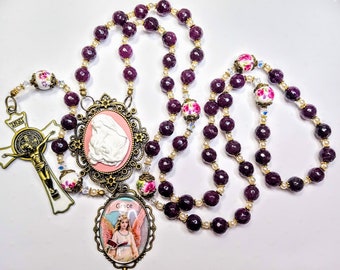 Victorian Style Genuine Garnet Bead Vine Rose Mary Cameo Angel Rosary Swarovski