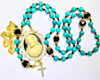 Antiqued Blue Turquoise Bead Black Crystal Passion Jesus Pardon Crucifix Rosary