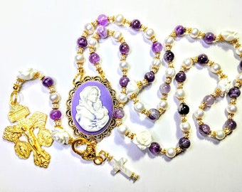 Victorian Style Genuine Amethyst Freshwater Pearl Bead Cream Rose Cameo Rosary