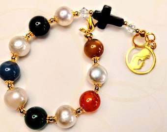 Multi Color Agate Jade Bead Cream Freshwater Pearl Catholic Rosary Bracelet