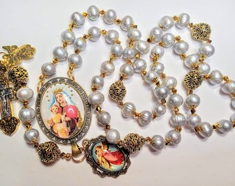 Vatican Style Tahitian Gray Freshwater Pearl Mary Cameo Angel Charm Rosary