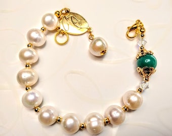 Freshwater Cream Pearl Green Jade Mary Catholic Rosary Bracelet Swarovski