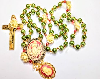 Merry Christmas Green Pearl Handmade Angel Cameo St. Benedict Crucifix Rosary