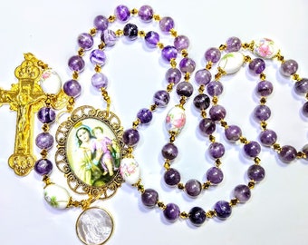 Victorian Style Genuine Amethyst Bead Pink Roses Mother Mary Child Cameo Rosary