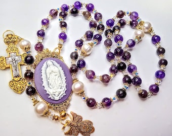 Vatican Antiqued Style Amethyst Bead Freshwater Cream Pearl Rosary all Swarovski