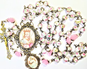 Victorian Style Pink Rose Lampwork Bead Queen Mary Cameo Angel Charm Rosary