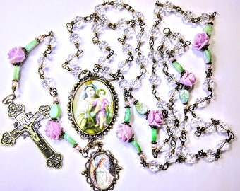 Victorian Style Clear Crystal Lavender Rose Mary Child Jesus Cameo Charm Rosary