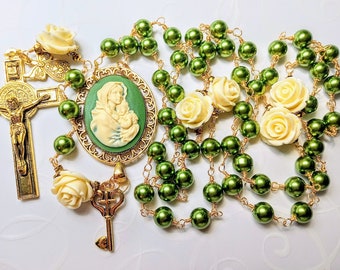 Vatican Style Green Pearl Cream Rose Benedict Cross Mary Cameo Catholic Rosary