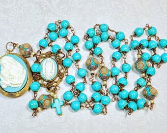 Vatican Style Turquoise Guadeloupe Cameo Mary Jesus Locket Tibetan Bead Rosary