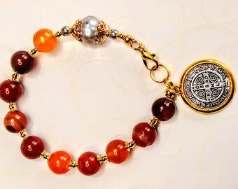 Red Carnelian Bead Tahitian Grey Pearl St. Benedict Medal Rosary Bracelet