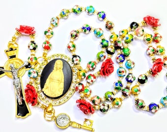 Vintage Gold Flower Multi Color Cloisonne Red Rose St Benedict Mary Cameo Rosary