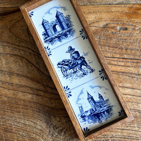 Vintage Hanging Delft Tile with Wooden Surround