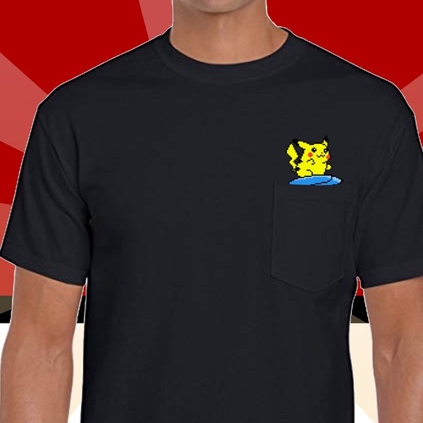 Surfing Pikachu inspired pocket t-shirt - original generation 1 pokemon - anime nintendo gameboy -