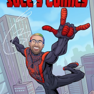 May include: A comic book cover featuring a superhero in a black and red suit with a spider logo. The superhero is swinging through the air in front of a city skyline. The cover is titled "SULE'S COMICS" and the issue number is #1. The comic book is published by Crafty Comics.