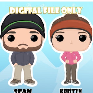 May include: Digital file only. Two custom pop-style figures, one with a green and black beanie and a beard, and the other with a red headband. The figures are labeled "Sean" and "Kristyn".