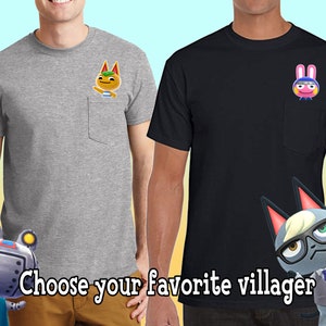 May include: Two t-shirts with different Animal Crossing villagers printed on the pocket. The left shirt is gray with a cat villager, the right shirt is black with a bunny villager. The text "Choose your favorite villager" is at the bottom of the image.