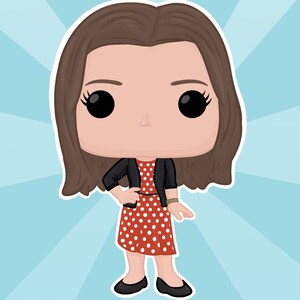 May include: A cartoon illustration of a woman with brown hair wearing a red and white polka dot dress, a black cardigan, and black shoes. The text "ELIZABETH!" is below the image.