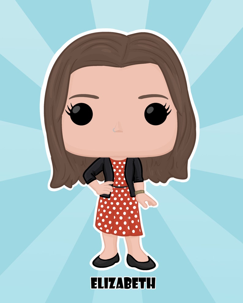 May include: A cartoon illustration of a woman with brown hair wearing a red and white polka dot dress, a black cardigan, and black shoes. The text "ELIZABETH!" is below the image.
