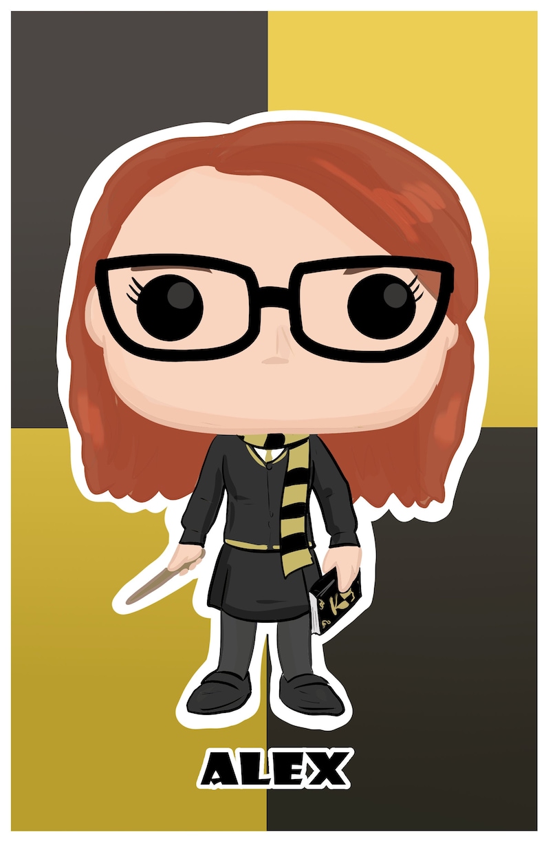May include: A cartoon illustration of a person with red hair wearing a black and gold Hogwarts uniform, holding a wand and a book. The background is a yellow and black checkered pattern. The text "ALEX" is below the figure.