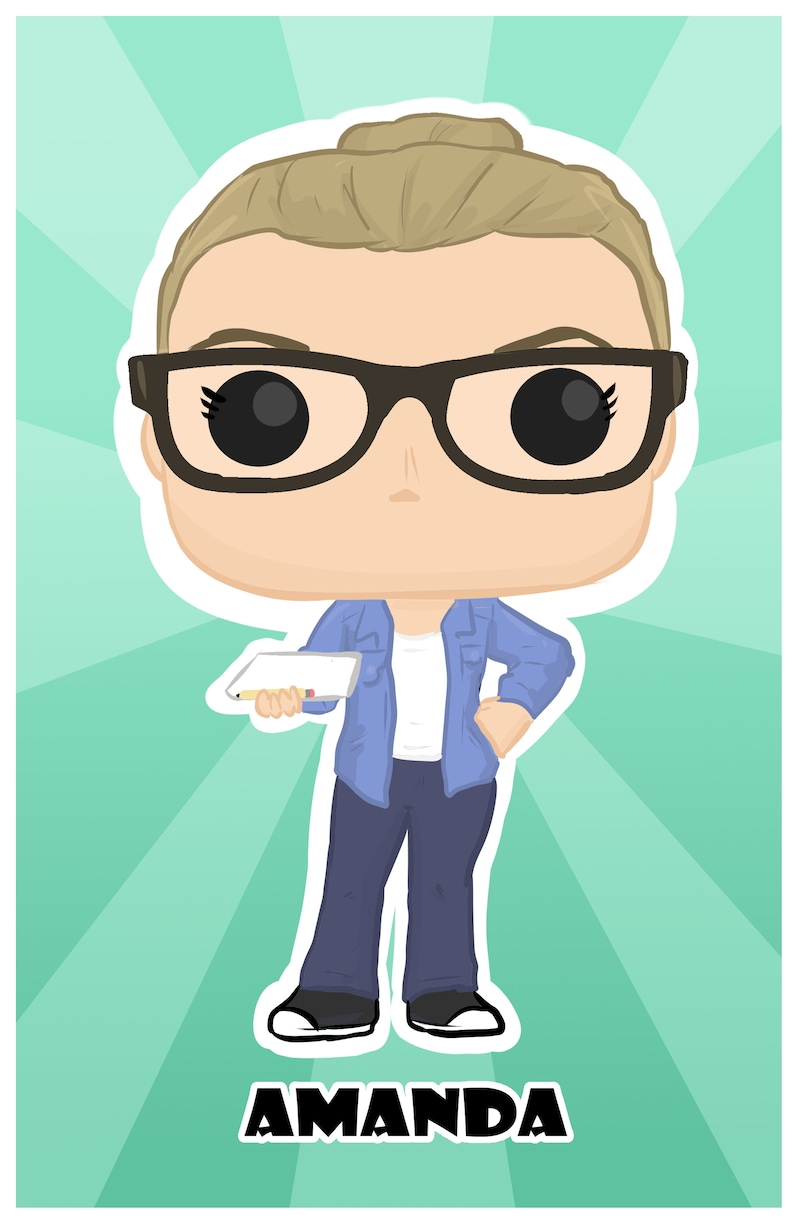 May include: A cartoon illustration of a woman with blonde hair in a bun, wearing glasses, a blue denim jacket, white shirt, blue jeans, and black shoes. She is holding a white notepad and pencil. The text "AMANDA" is below the image.