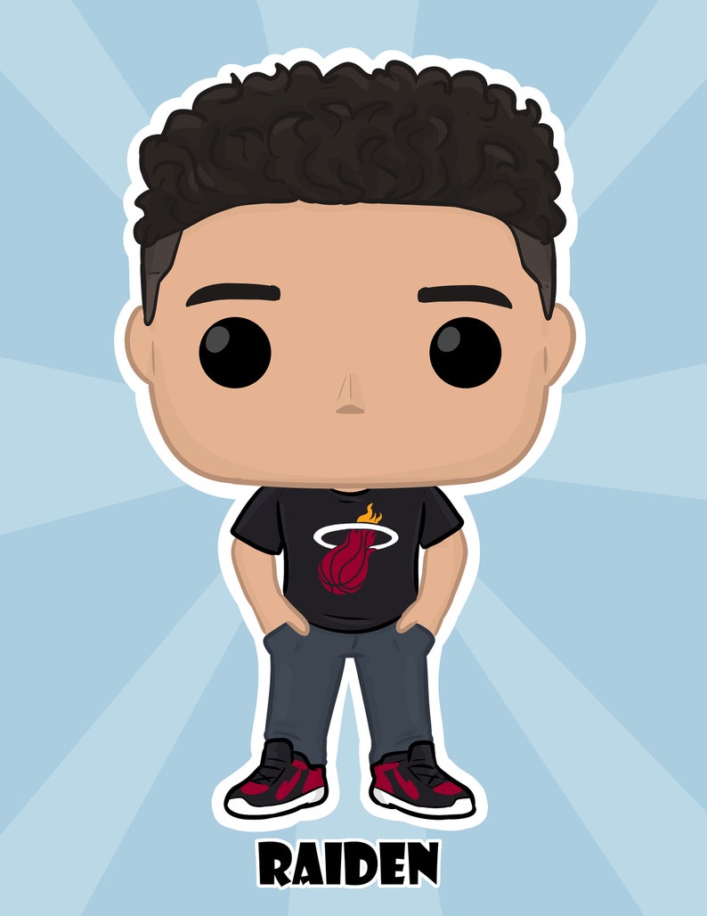 May include: A cartoon illustration of a person with brown skin, black curly hair, and a black t-shirt with a red, orange, and white basketball logo. The person is wearing blue jeans and red and black sneakers. The text "RAIDEN" is below the person.