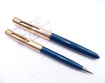 Teal Blue Parker 51 Aerometric Half Demonstrator Fountain Pen and Pencil Set restored