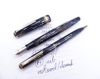 Blue Parker Striped Duofold Senior Fountain Pen and Pencil Set restored