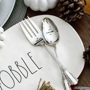 Stamped servingware Thanksgiving decor Serving Spoon Serving fork Gather Feast Holiday decor Silverware handmade Housewarming gift Kitchen