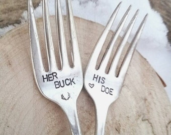 Mr and Mrs wedding forks hand stamped buck doe camouflage wedding camo wedding rustic wedding his and hers hunting country wedding