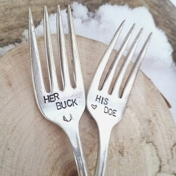 Mr and Mrs wedding forks hand stamped buck doe camouflage wedding camo wedding rustic wedding his and hers hunting country wedding