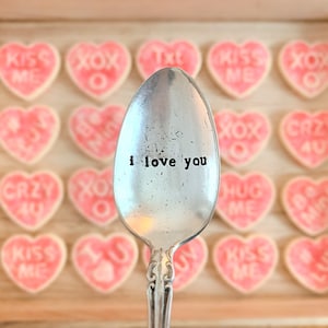 Stamped spoon I Love You Valentine’s Day gift handstamped silver teaspoon gifts for her Tiered tray decor Farmhouse style Under 20