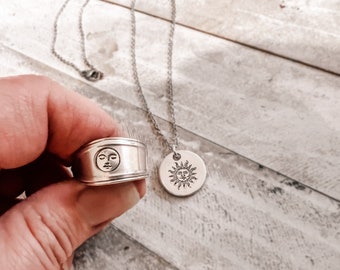 Father Sun necklace Mother moon Ring spoon ring Sun theme handstamped Hippie fashion 90s