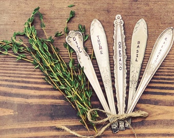 Handstamped garden marker Set of 5 Herb marker Vintage upcycled Christmas Garden decor Spring gift basket Mother’s Day gifts for her Plants