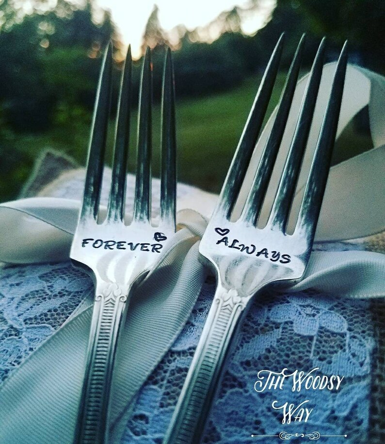 Wedding fork set Always and Forever Handstamped silver fork set Mr Mrs wedding set Wedding keepsake His /& hers Wedding gift Wedding decor