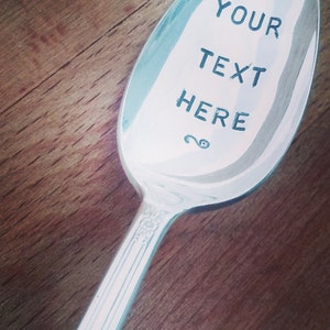 Custom stamped spoon, personalized spoon, unique, custom gift, personalized gift, wedding, birthday, housewarming, vintage silverplate spoon
