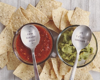 Stamped serving spoons Guacamole and Salsa spoons Hostess gift Cinco De Mayo theme Under 30 Free shipping