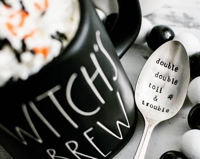 Handstamped teaspoon double double toil and trouble Death before decaf Halloween theme kitchen decor under 20