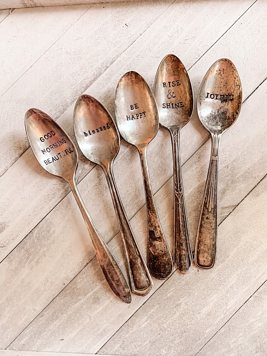Stamped Spoon Primitive Vintage Silverware Inspirational Messages Farmhouse Decor Tiered Tray