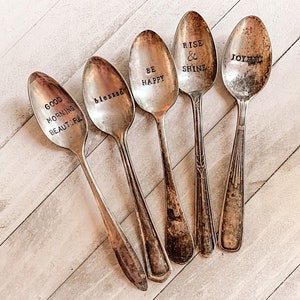 Stamped spoon Primitive vintage silverware Inspirational messages Farmhouse decor tiered tray decor sold individually antiques